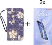 Bookcase Geschikt voor: Motorola Moto G9 Play hoesje met print - Butterflies And Flowers 3D met 2 stuks Glas Screen protector