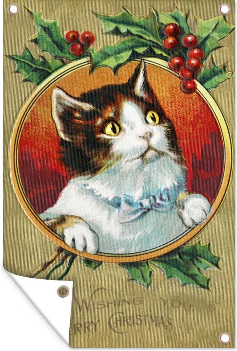 Kat kunst tuinposter voor buiten in kerstthema, 80x120 cm.