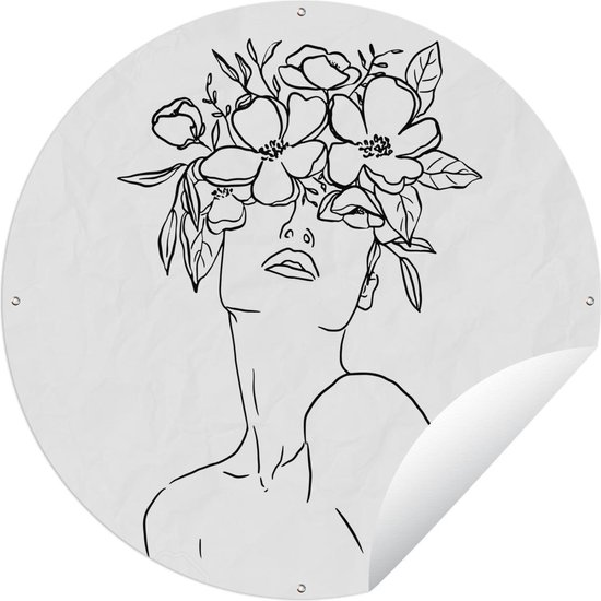 Tuincirkel Abstracte line art van een vrouw met bloemen op haar gezicht vierkant - 120x120 cm - Ronde Tuinposter - Buiten XXL / Groot formaat!