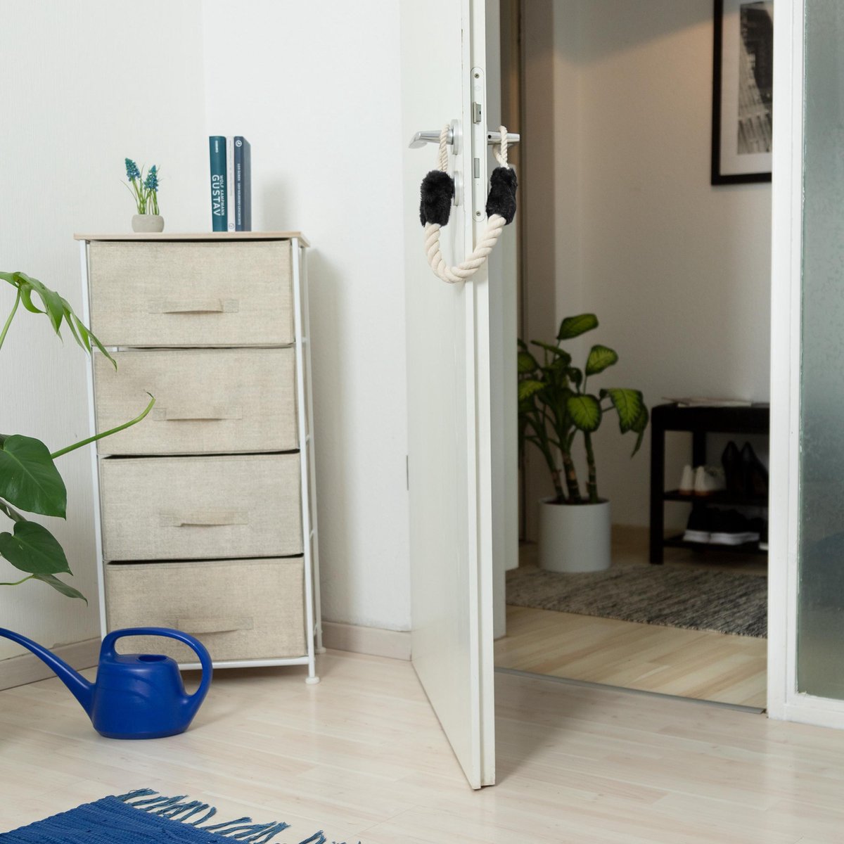 Deurstopper, touw, 4 stuks, 60 cm, deurstopper, touwset, koord, katoen, vingerbescherming voor kinderen en huisdieren, garandeert de veiligheid (wit/zwart
