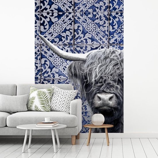 Papier peint - Papier peint photo Bleu de Delft - Highlander écossais - Zwart - Wit - Largeur 180 cm x hauteur 280 cm