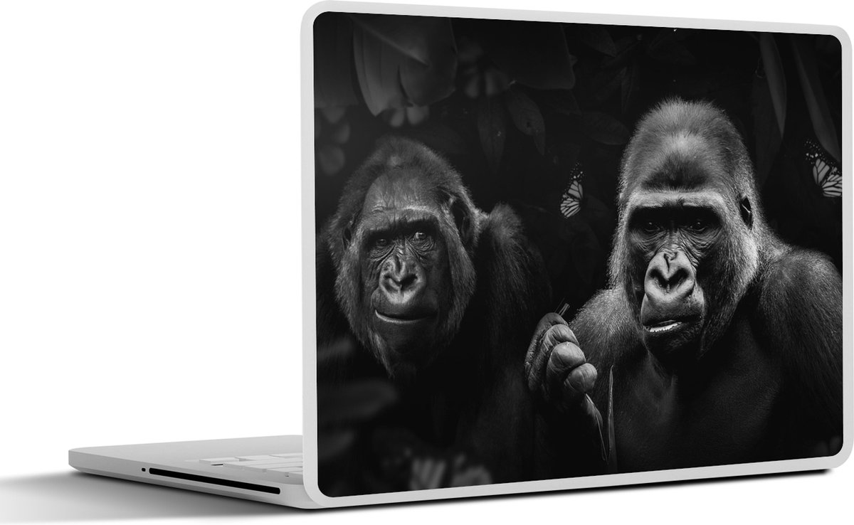 Laptop sticker - 14 inch - Twee gorilla's en vlinders in de jungle - zwart wit - 32x5x23x5cm - Laptopstickers - Laptop skin - Cover
