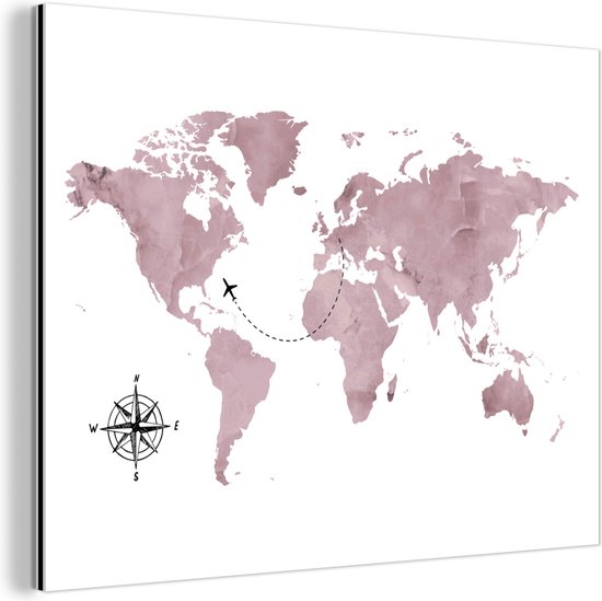 Décoration murale Métal - Peinture Aluminium - Wereldkaart - Rose - Avion - 160x120 cm - Dibond