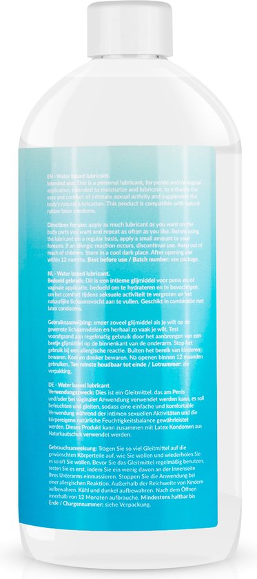 Bouteille transparente avec bouchon blanc. Dégradé bleu clair avec logo et texte 'easyglide WATERBASED LUBRICANT 1000 ml'.