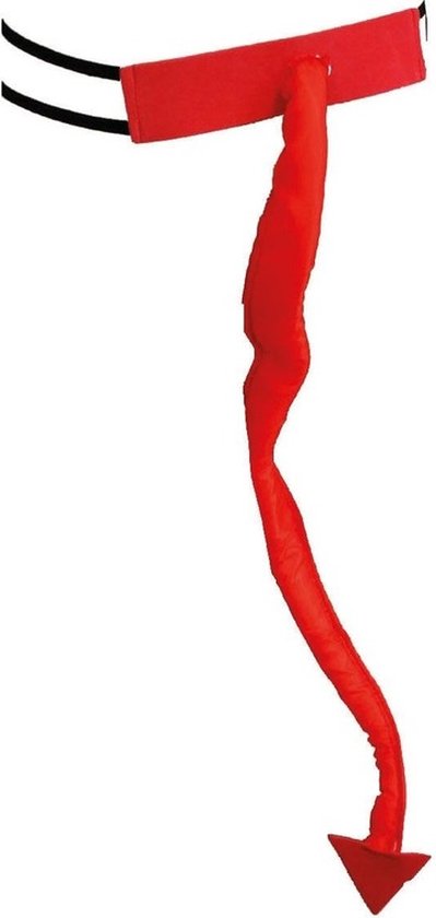 Een rode duivelstaart met een punt aan het einde, bevestigd aan een elastische band met twee zwarte banden.