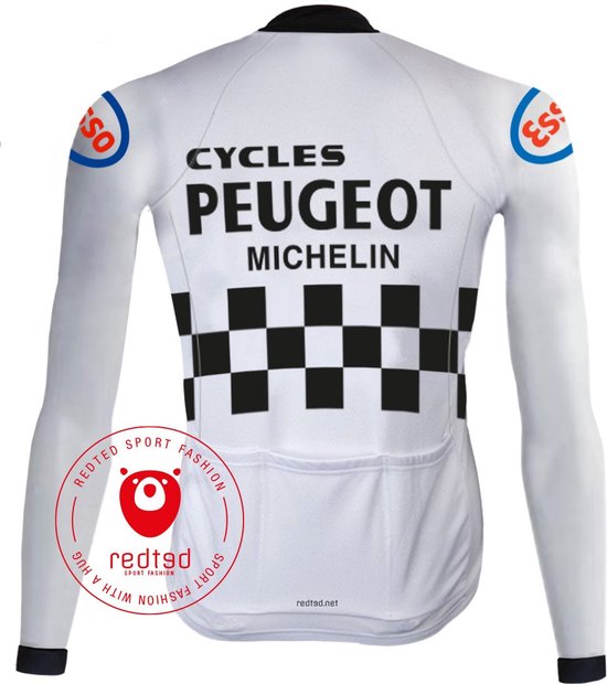 Achterkant wit retro wielerjack met 'Cycles Peugeot Michelin', zwart-wit geblokt patroon en ESSO logo's. Drie zakken op de rug.