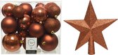 Kerstversiering kunststof kerstballen terra bruin 6-8-10 cm pakket van 27x stuks - Met kunststof ster piek van 19 cm