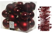 Kerstversiering kunststof kerstballen 6-8-10 cm met sterren folieslingers pakket donkerrood van 28x stuks - Kerstboomversiering