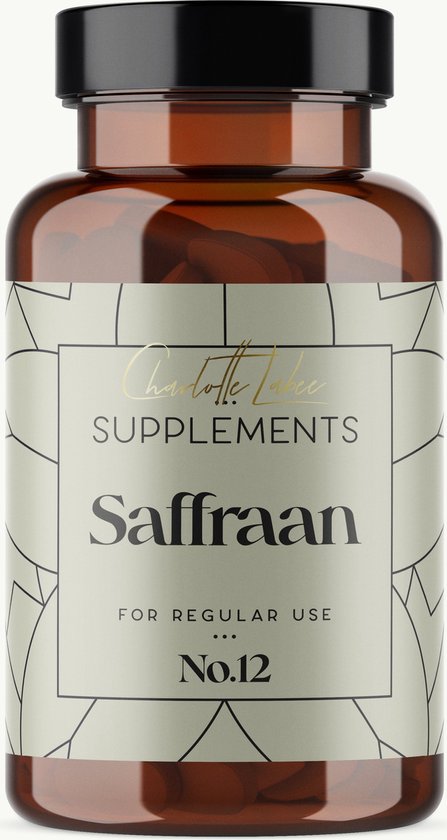 Bruine supplementenfles met etiket "Saffraan SUPPLEMENTS FOR REGULAR USE No.12"