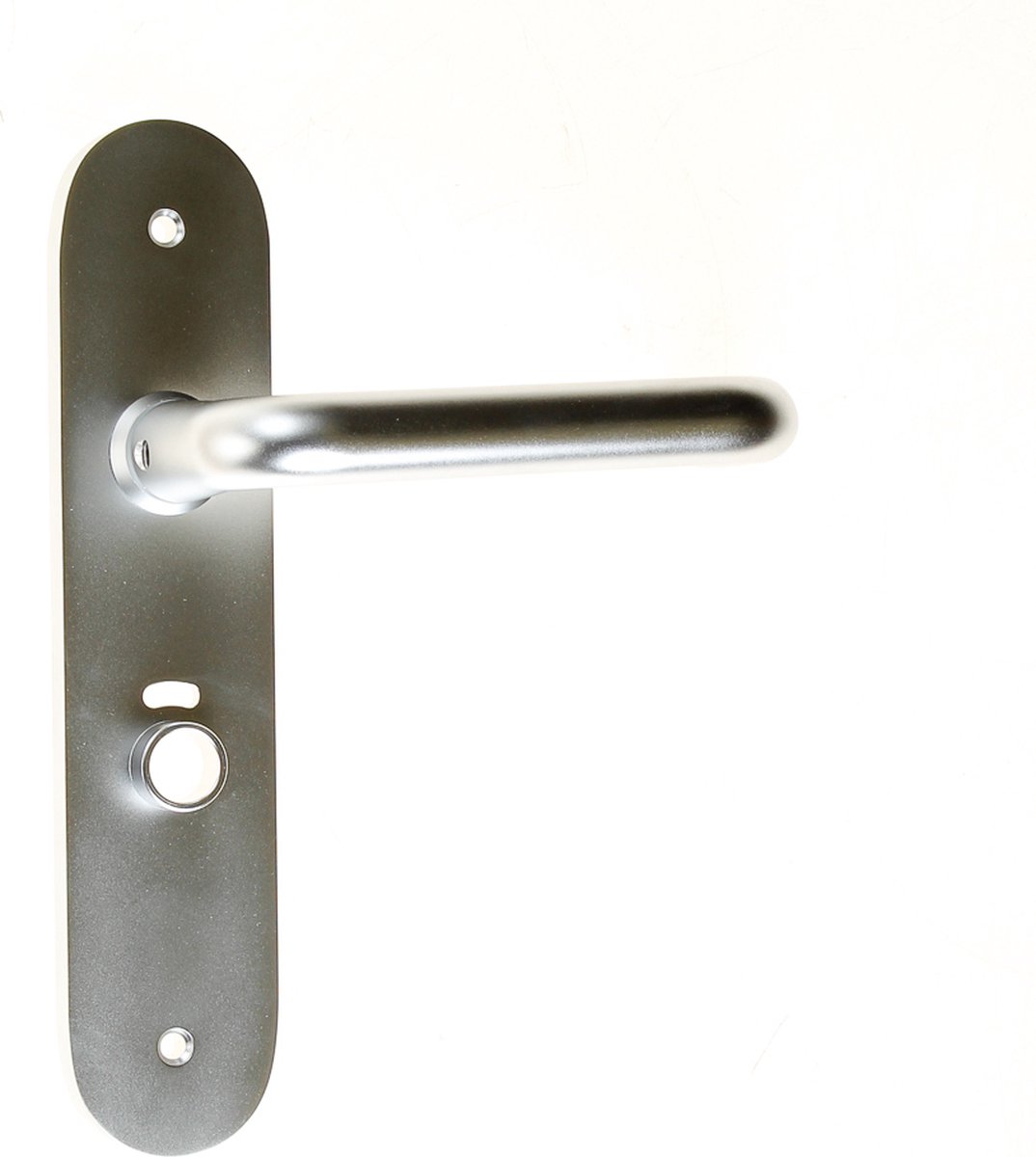 Deurkrukgarnituur aluminium op schild 45x210mm, D-model F1 afgerond model WC 8x63 LS