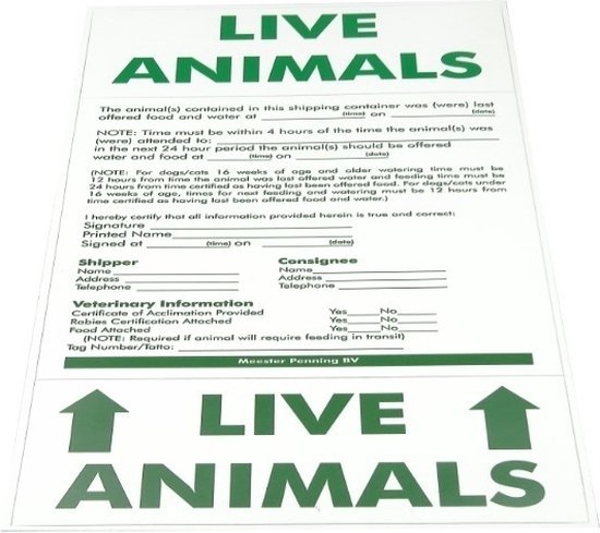 LIVE ANIMALS label op witte achtergrond met tekst en groene opwaartse pijlen.