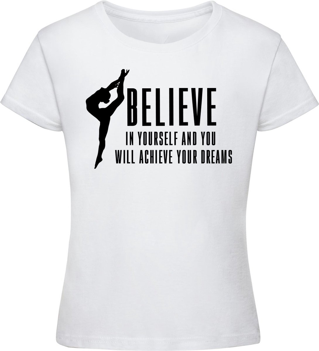 Sparkle&Dream - T-Shirt \'Believe and Achieve\' Wit - 164 - voor turnen en gymnastiek