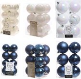 Kerstversiering kunststof kerstballen kleuren mix donkerblauw/parelmoer wit 4-6-8 cm pakket van 68x stuks