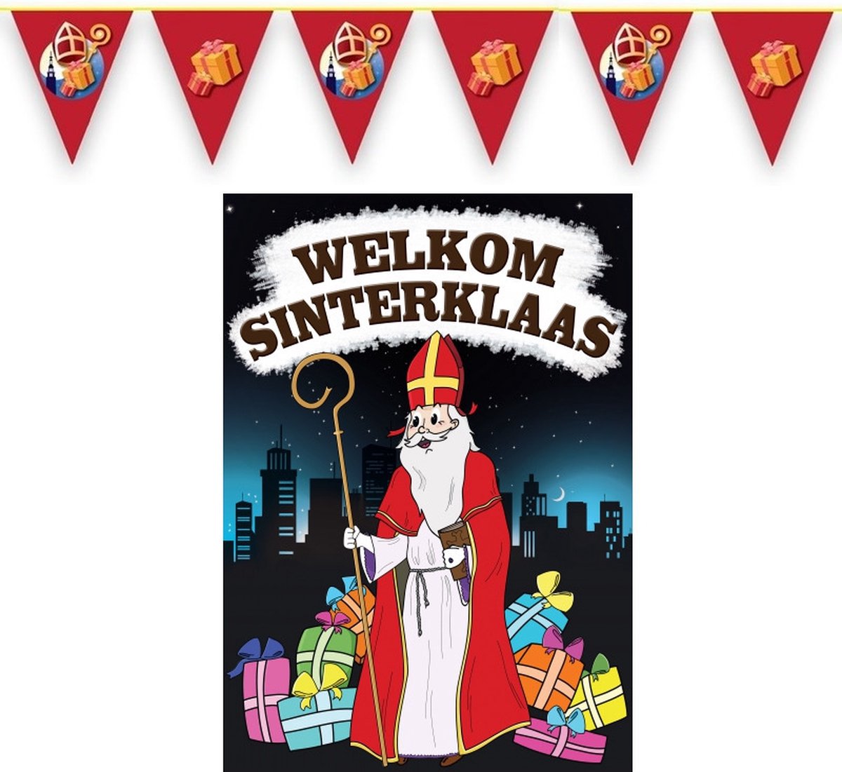 Sinterklaas versiering feestpakket inclusief 4x stuks vlaggenlijnen 10 meter en A1 deurposter