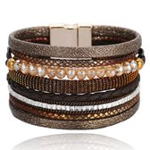 Bruine multilayer dames armband van leer met kralen