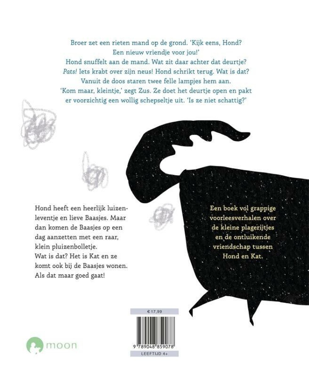 Achterkant van een boek met tekst en een illustratie van een zwarte hond.