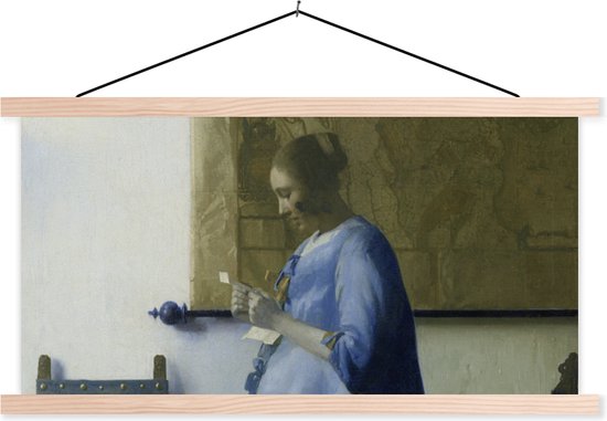 Posterhanger incl. Poster - Schoolplaat - Brieflezende vrouw in het blauw - Johannes Vermeer - 150x75 cm - Blanke latten