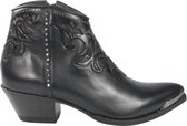 Sendra Boots 14627 Lia Zwart Handgemaakt Dames Western Enkellaars Spitse Neus Beetje Schuine Hak Bewerkte Rand Strassteentjes Ritsluiting Echt Leer Maat 38