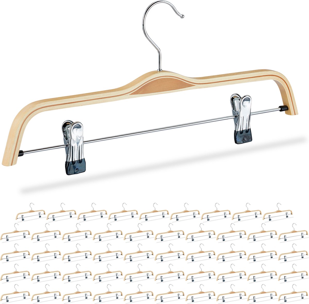 50x broekhanger hout - rokhanger - kledinghanger - klerenhanger met clips