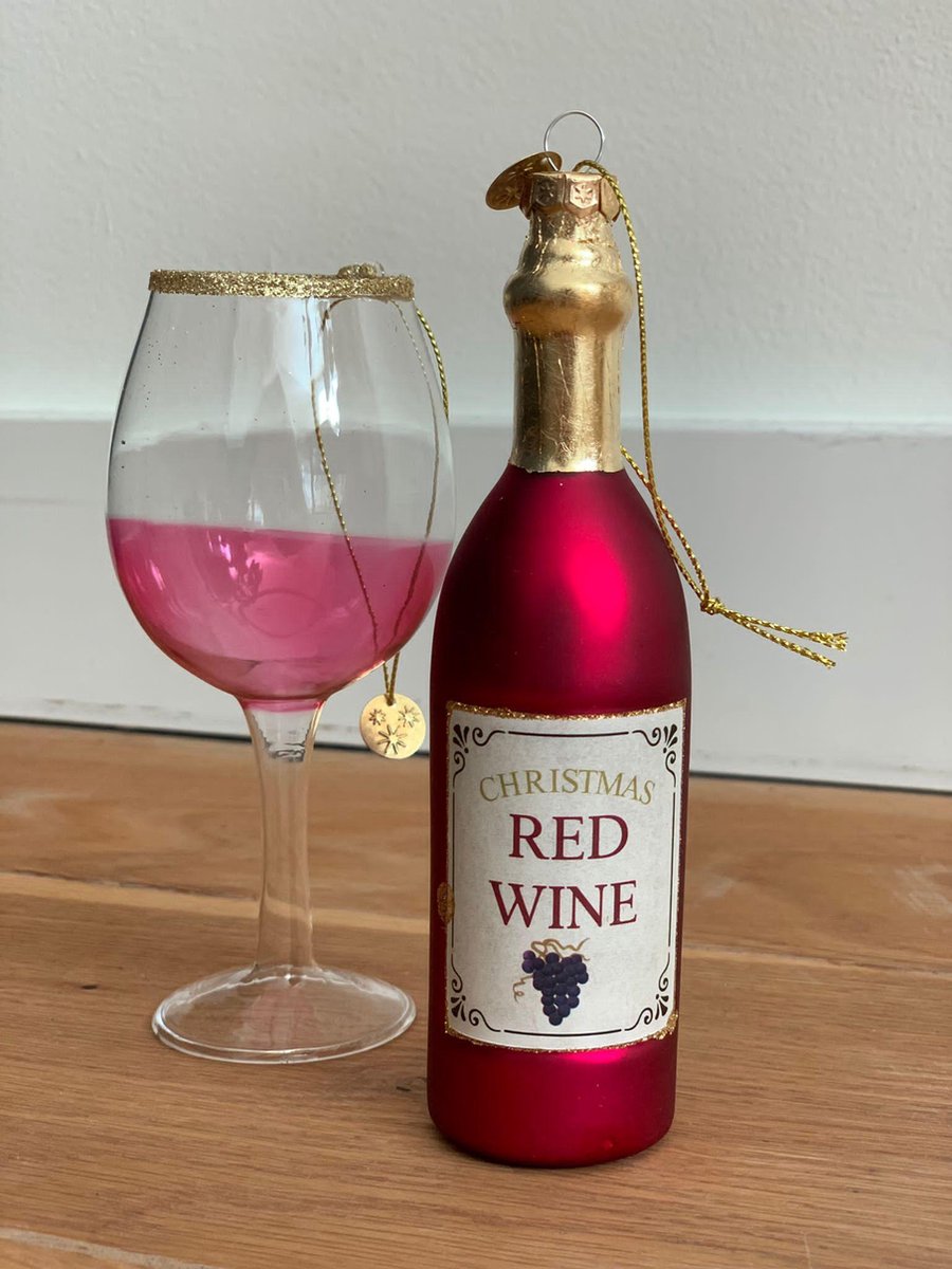 Kersthangerset ( Glazen )Red Wine fles met glas 12 cm
