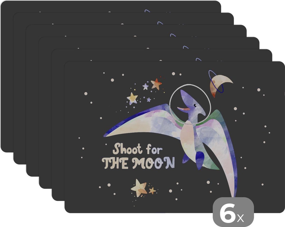Placemat kinderen - Placemat - Placemats kunststof - Quotes - 'Shoot for the moon' - Spreuken - Ruimte - Kids - Jongens - Meiden - Kinderen - 45x30 cm - 6 stuks - Hittebestendig - Anti-Slip - Onderlegger - Afneembaar