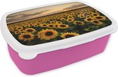 Broodtrommel Roze - Lunchbox - Brooddoos - Zonnebloemen bij zonsondergang - 18x12x6 cm - Kinderen - Meisje