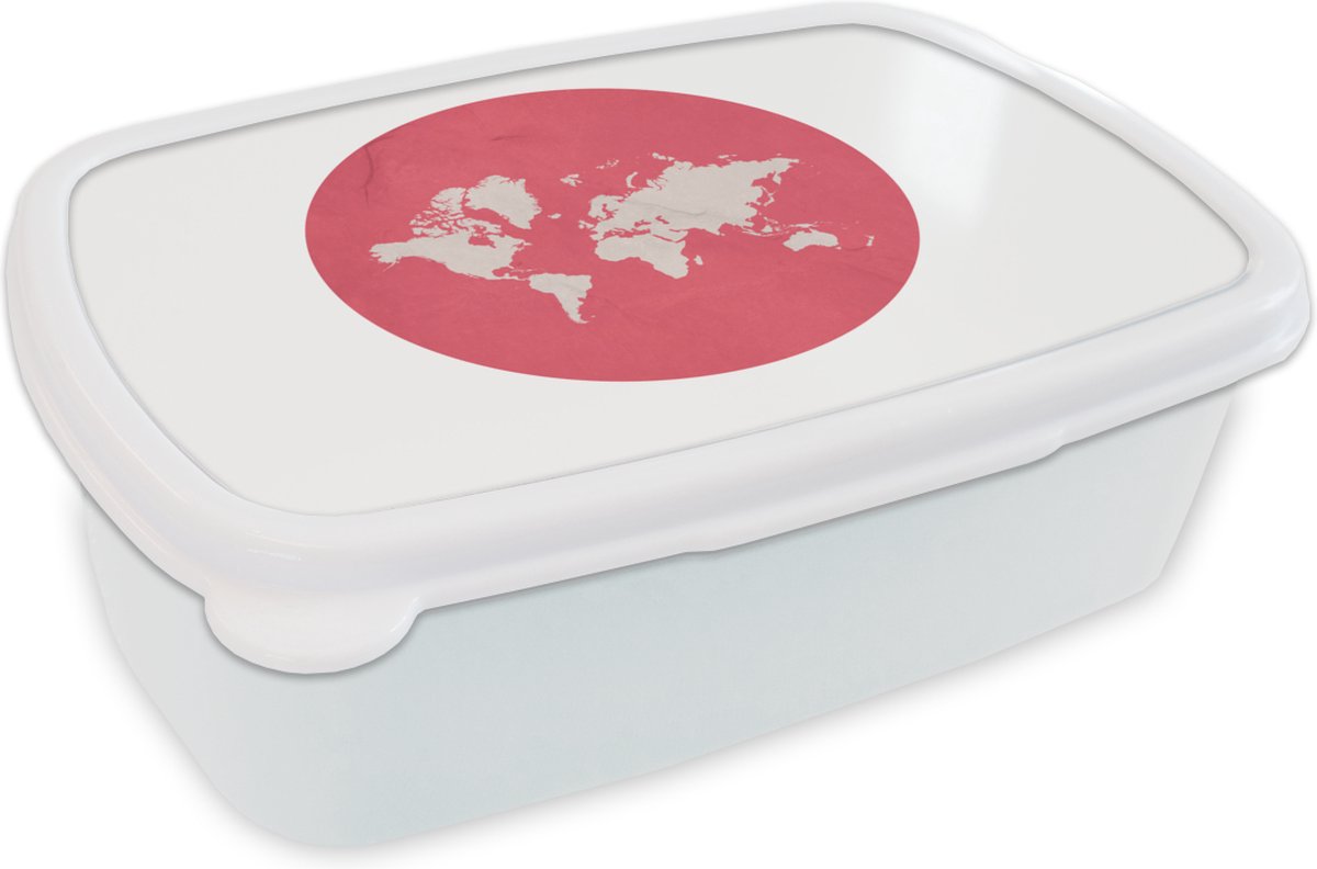 Broodtrommel Wit - Lunchbox - Brooddoos - Wereldkaart - Roze - Cirkel - 18x12x6 cm - Volwassenen