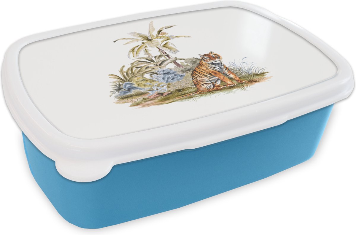 Broodtrommel Blauw - Lunchbox - Brooddoos - Tijger - Bos - Schilderij - 18x12x6 cm - Kinderen - Jongen