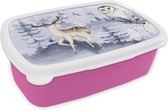 Broodtrommel Roze - Lunchbox - Brooddoos - Winter - Bos - Uil - Hert - 18x12x6 cm - Kinderen - Meisje