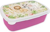 Broodtrommel Roze - Lunchbox - Brooddoos - Jungle - Dieren - Bloemen - Planten - 18x12x6 cm - Kinderen - Meisje