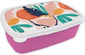 Broodtrommel Roze - Lunchbox - Brooddoos - Bladeren - Kleuren - Patroon - 18x12x6 cm - Kinderen - Meisje
