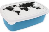Broodtrommel Blauw - Lunchbox - Brooddoos - Wereldkaart - Zwart - Wit - Simpel - 18x12x6 cm - Kinderen - Jongen
