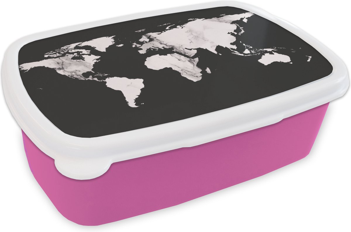 Broodtrommel Roze - Lunchbox - Brooddoos - Wereldkaart - Marmer - Wit - 18x12x6 cm - Kinderen - Meisje