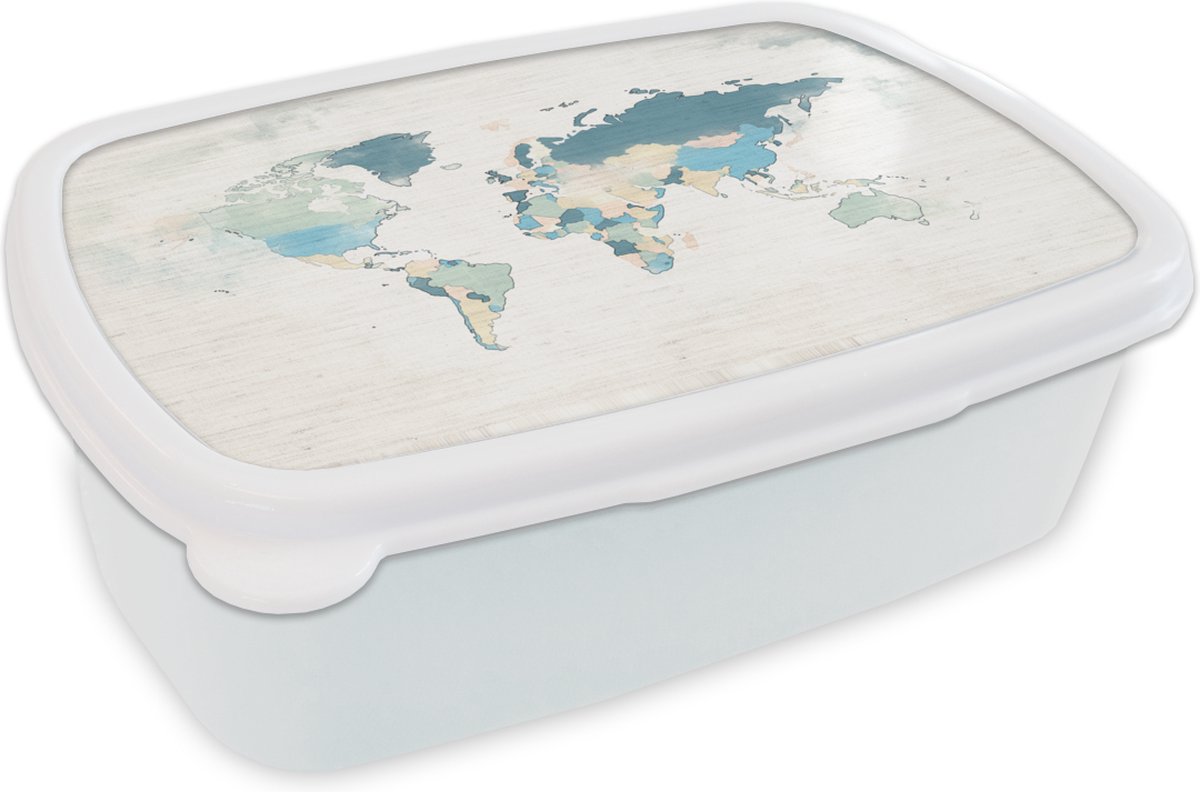 Broodtrommel Wit - Lunchbox - Brooddoos - Wereldkaart - Pastel - Textiel - 18x12x6 cm - Volwassenen