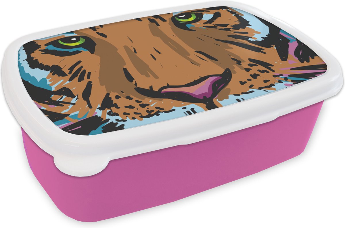 Broodtrommel Roze - Lunchbox - Brooddoos - Tijger - Kop - Schilderij - 18x12x6 cm - Kinderen - Meisje