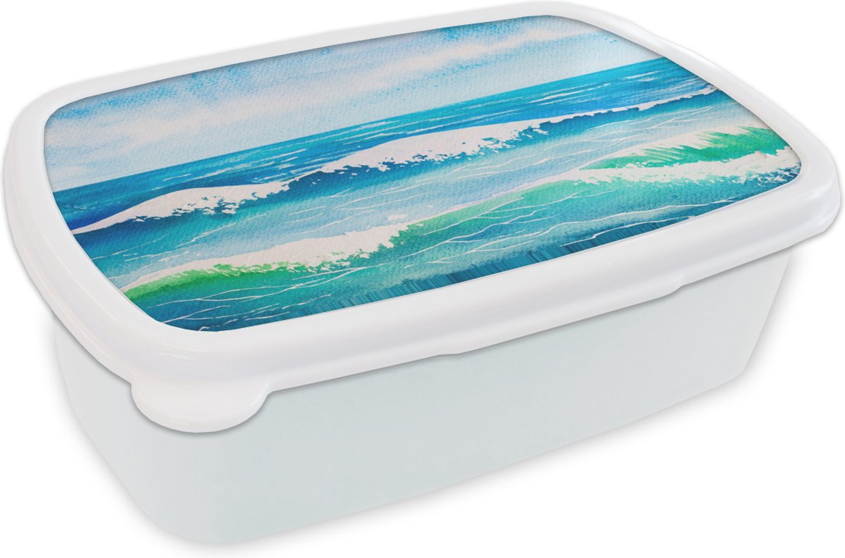 Broodtrommel Wit - Lunchbox - Brooddoos - Waterverf - Golf - Zee - 18x12x6 cm - Volwassenen