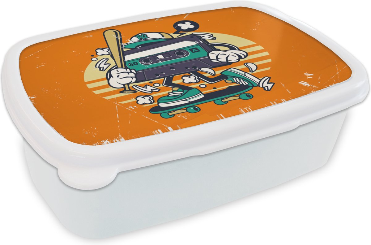 Broodtrommel Wit - Lunchbox - Brooddoos - Cassette - Skateboard - Vintage - 18x12x6 cm - Volwassenen