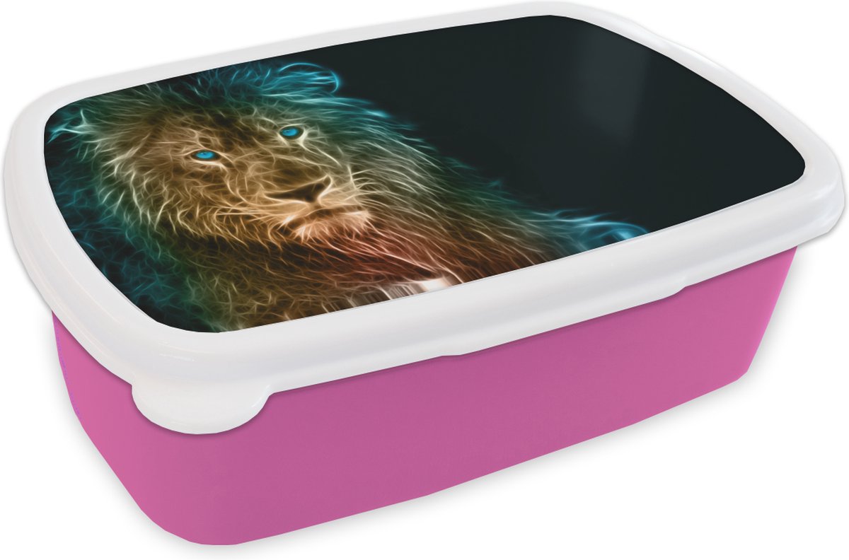 Broodtrommel Roze - Lunchbox - Brooddoos - Leeuw - Vlammen - Blauw - 18x12x6 cm - Kinderen - Meisje