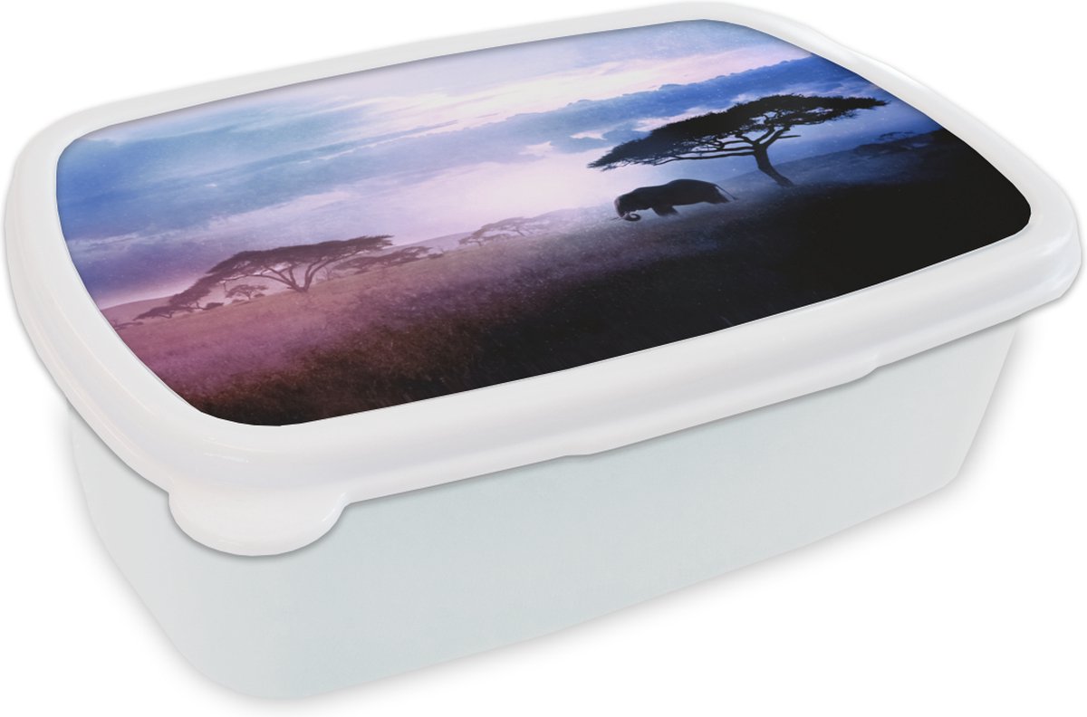 Broodtrommel Wit - Lunchbox - Brooddoos - Olifant - Vintage - Blauw - 18x12x6 cm - Volwassenen