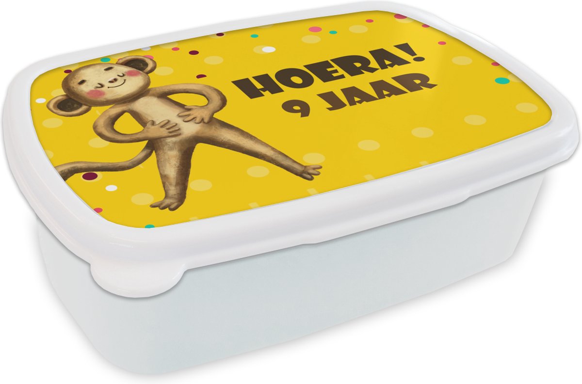 Broodtrommel Wit - Lunchbox - Brooddoos - Versiering - Aap - 9 jaar - 18x12x6 cm - Volwassenen