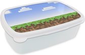 Broodtrommel Wit - Lunchbox Gaming - Pixel - Gamen - Gras - Brooddoos 18x12x6 cm - Brood lunch box - Broodtrommels voor kinderen en volwassenen