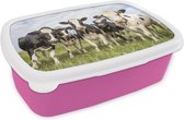 Broodtrommel Roze - Lunchbox - Brooddoos - Koe - Gras - Wolken - 18x12x6 cm - Kinderen - Meisje