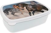Broodtrommel Wit - Lunchbox Paarden - Stof - Woestijn - Brooddoos 18x12x6 cm - Brood lunch box - Broodtrommels voor kinderen en volwassenen