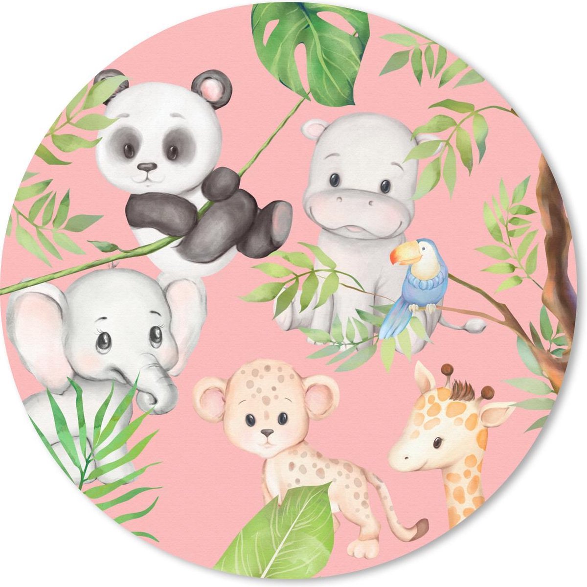 Muismat rond 50x50 cm - Mousepad Jungle - Roze - Dieren - Ronde muismatten