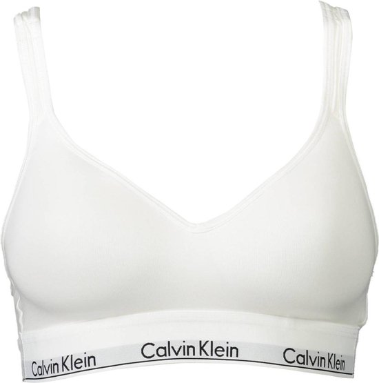 Witte Calvin Klein bralette met V-hals, dunne bandjes en wit logo-elastiek.