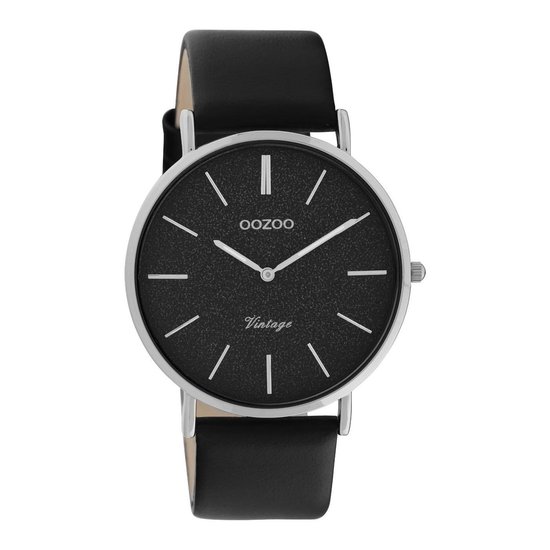 OOZOO Vintage series - zilverkleurige horloge met zwarte leren band - C20168 - Ø40