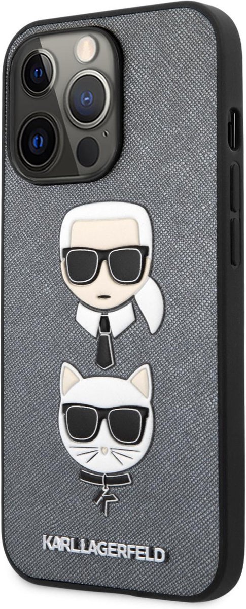 Zilver hoesje van Karl Lagerfeld - Hardcase Backcover - iPhone 13 Pro - Karl & Choupette Heads