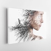 Canvas schilderij - Double exposure portrait of young woman and pine with black crow.  -     667285711 - 115*75 Horizontal