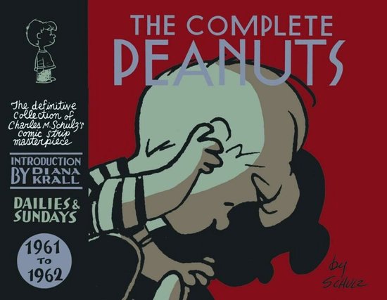 De kaft van 'The Complete Peanuts 1961 To 1962'. Een stripfiguur met zijn hand voor zijn gezicht op een rode achtergrond.