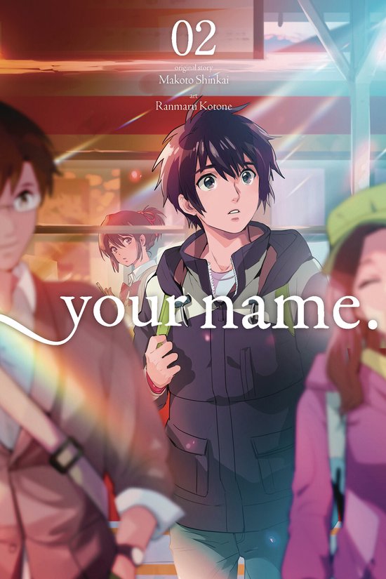 Boekomslag van de manga 'your name.' deel 2 met een jongeman en een jongedame op de voorgrond, en andere personages op de achtergrond.